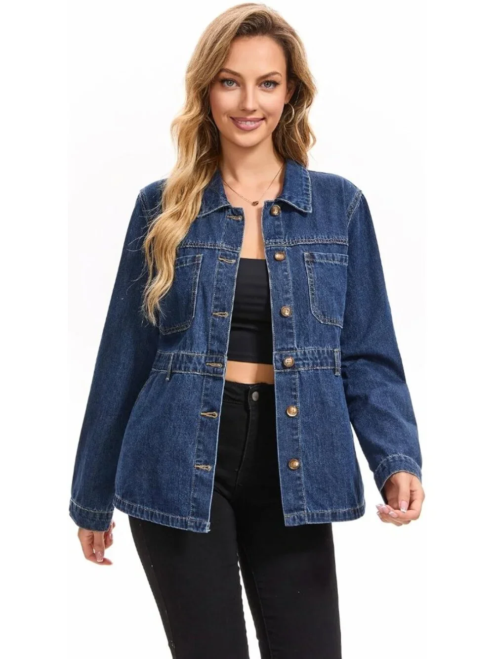 Women's Dark Blue Jacket Long Sleeve Causal Distressed Denim Button Down Jackets